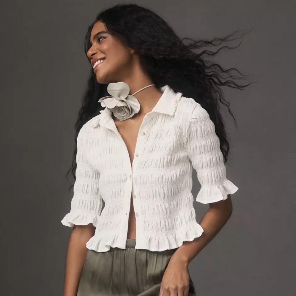 Maeve by Anthropologie Smocked Button-Front Top in Ivory (XS)